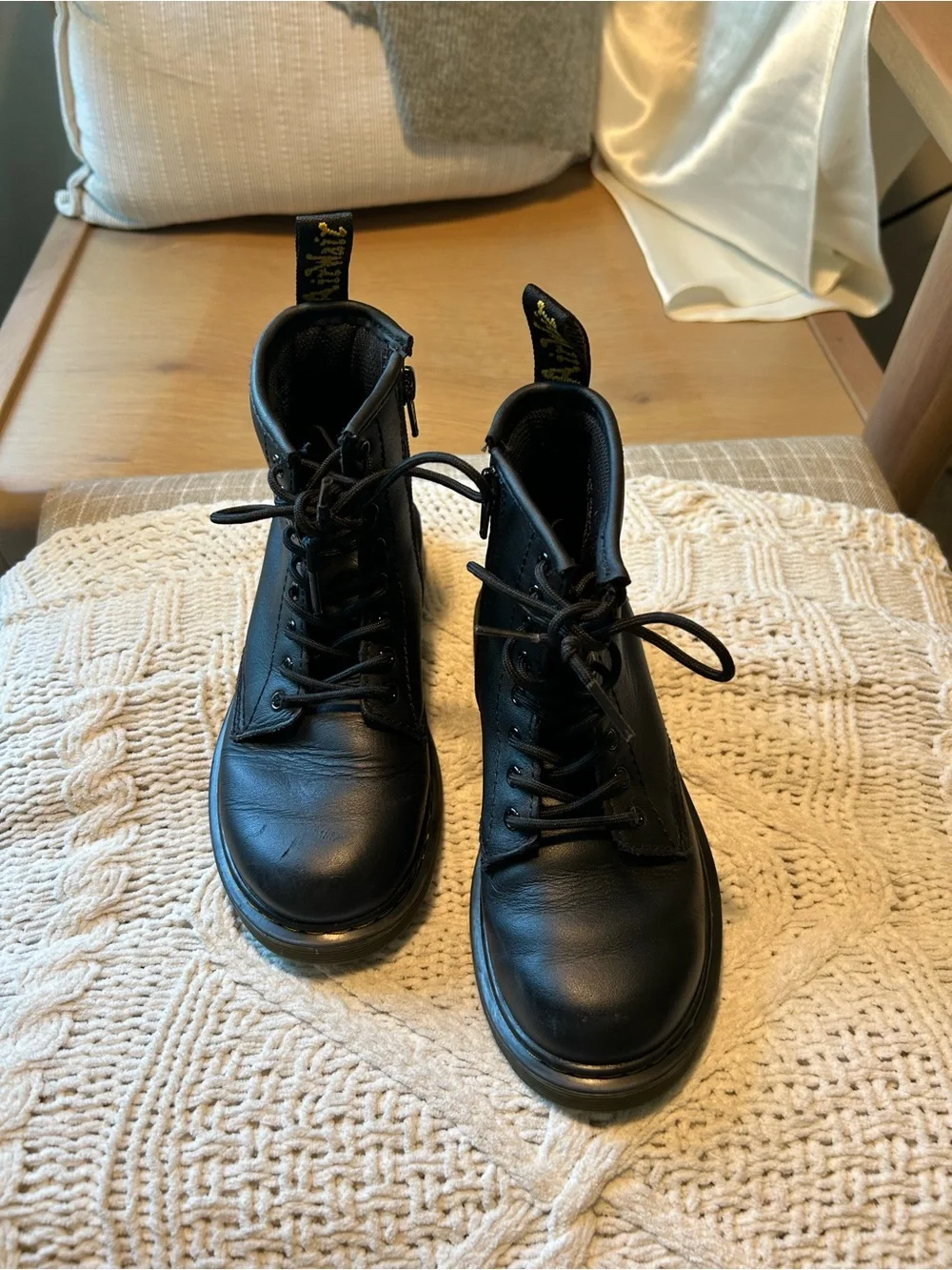 Doc Martens Black Leather Lace-Up Combat Boots with Side Zip- Girls size 1